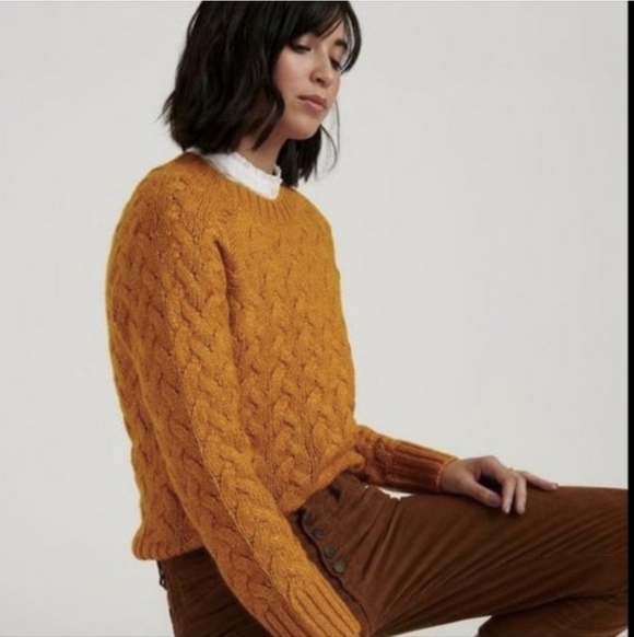 New Lucky Brand Quinn Cable Knit Cotton Blend Mustard Yellow Medium Sweater - Picture 5 of 15